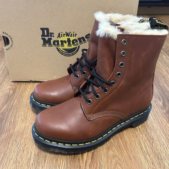 DR MARTENS 1460 Serena brown leather fur lace up boots booties shoes women’s 7 - Picture 1 of 7